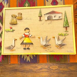 Anri  15”W x 10” H Italian children’s wood carved girl with geese on burlap
